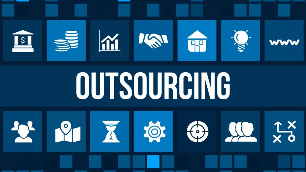 Outsourcing icons in blue representing the process of outsourcing SEO to the Philippines for business growth.