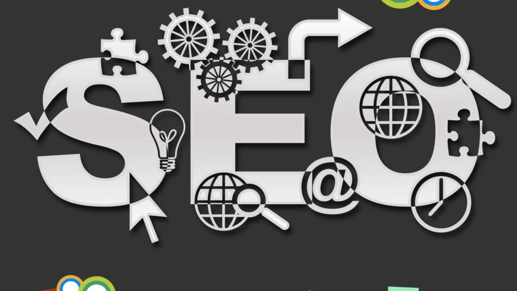 Creative SEO design elements including gears, arrows, and lightbulbs, representing innovative approaches by an SEO agency in Hampshire.
