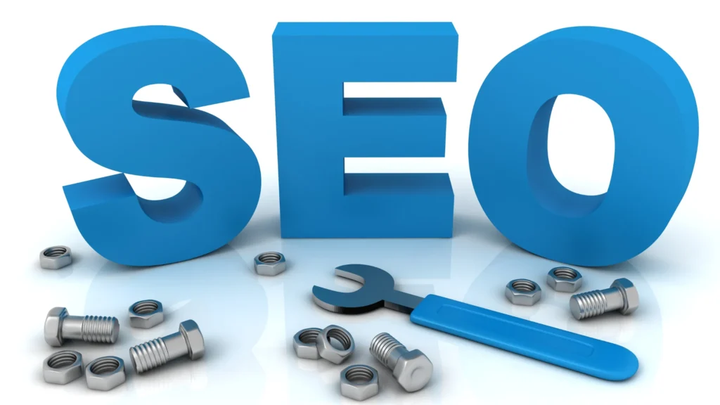 SEO letters with tools and nuts representing the technical optimization of SEO for waste management services.