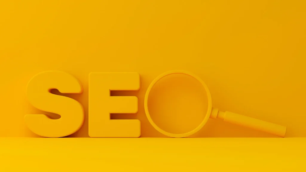 ellow SEO letters with a magnifying glass showcasing the role of White Label SEO Services UK in detailed SEO analysis.