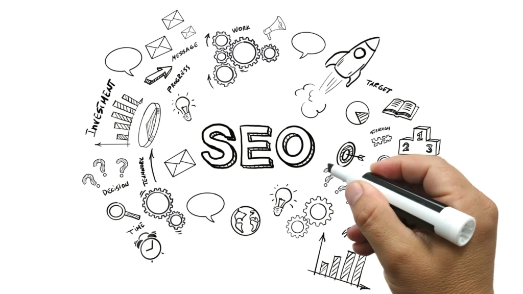 Hand drawing SEO concepts with various elements for SEO for Employment Lawyers.