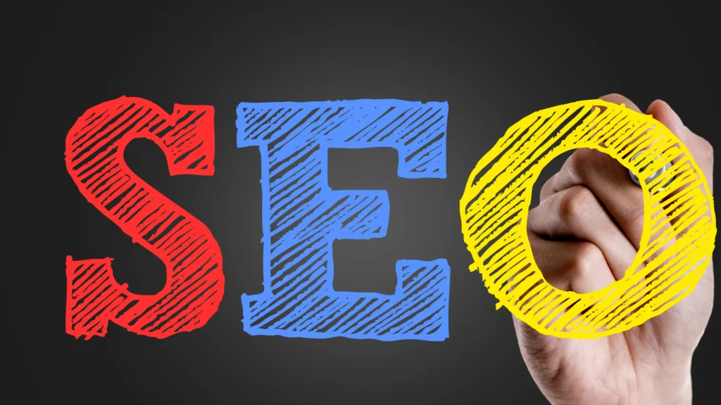 SEO for Muslim Brands emphasized with colorful letters 'SEO' and a hand highlighting the letter 'O.'